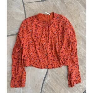 Free People Shirt Womens Medium Floral Long Sleeve Cropped Split Back Boho